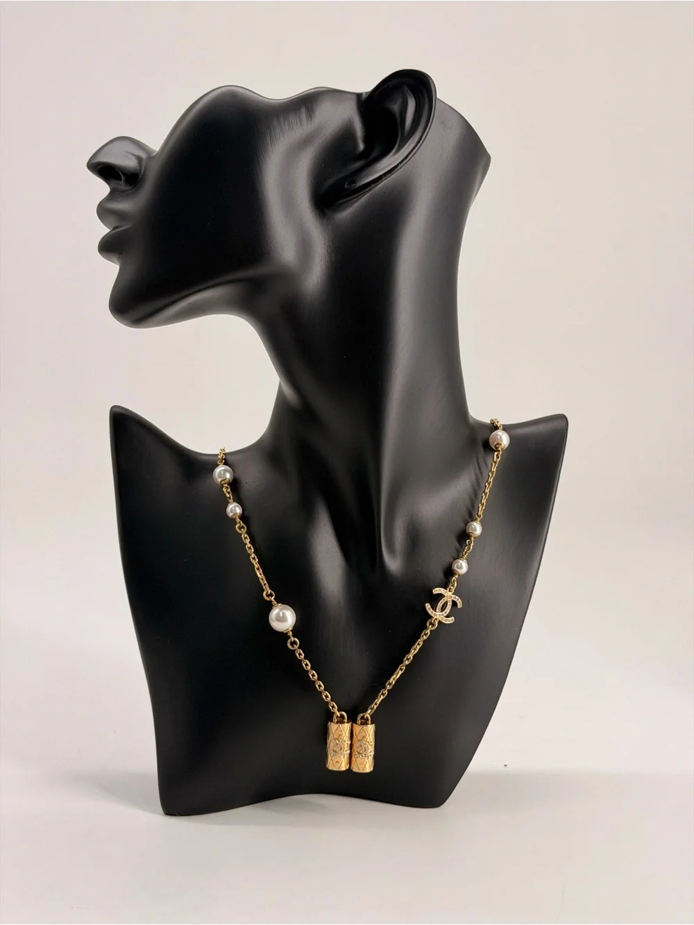 CHANEL Metal Crystal Pearl Airpod Necklace Gold
